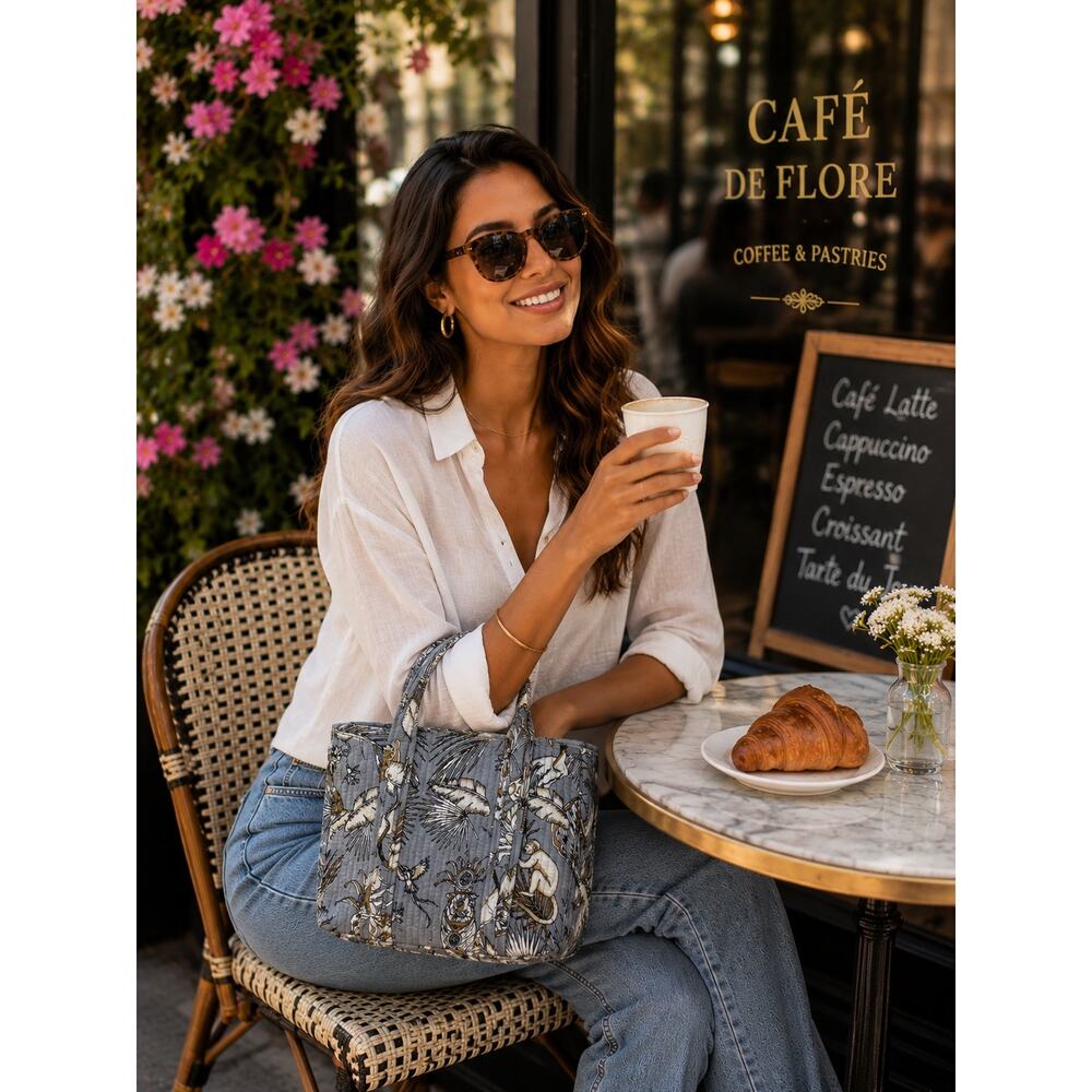Safari Jungle Print Quilted Zip Tote Bag | Cotton Travel Carryall